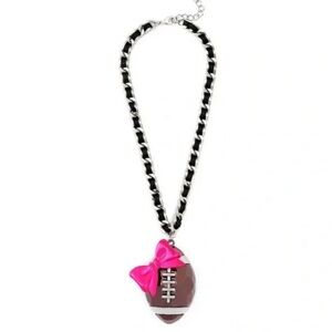 Betsey Johnson Chunky Charm Football Necklace with Bow and Ribbon Chain NWT